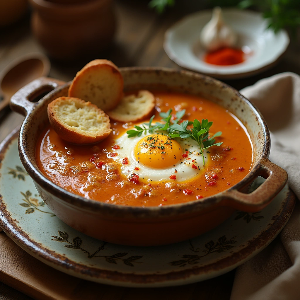 Sopa de ajo servida en un cuenco con pan crujiente, huevo y pimentón.