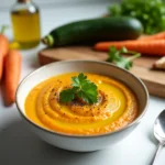 Puré de calabacín y zanahoria servido en un tazón blanco, decorado con un toque de perejil fresco y aceite de oliva.