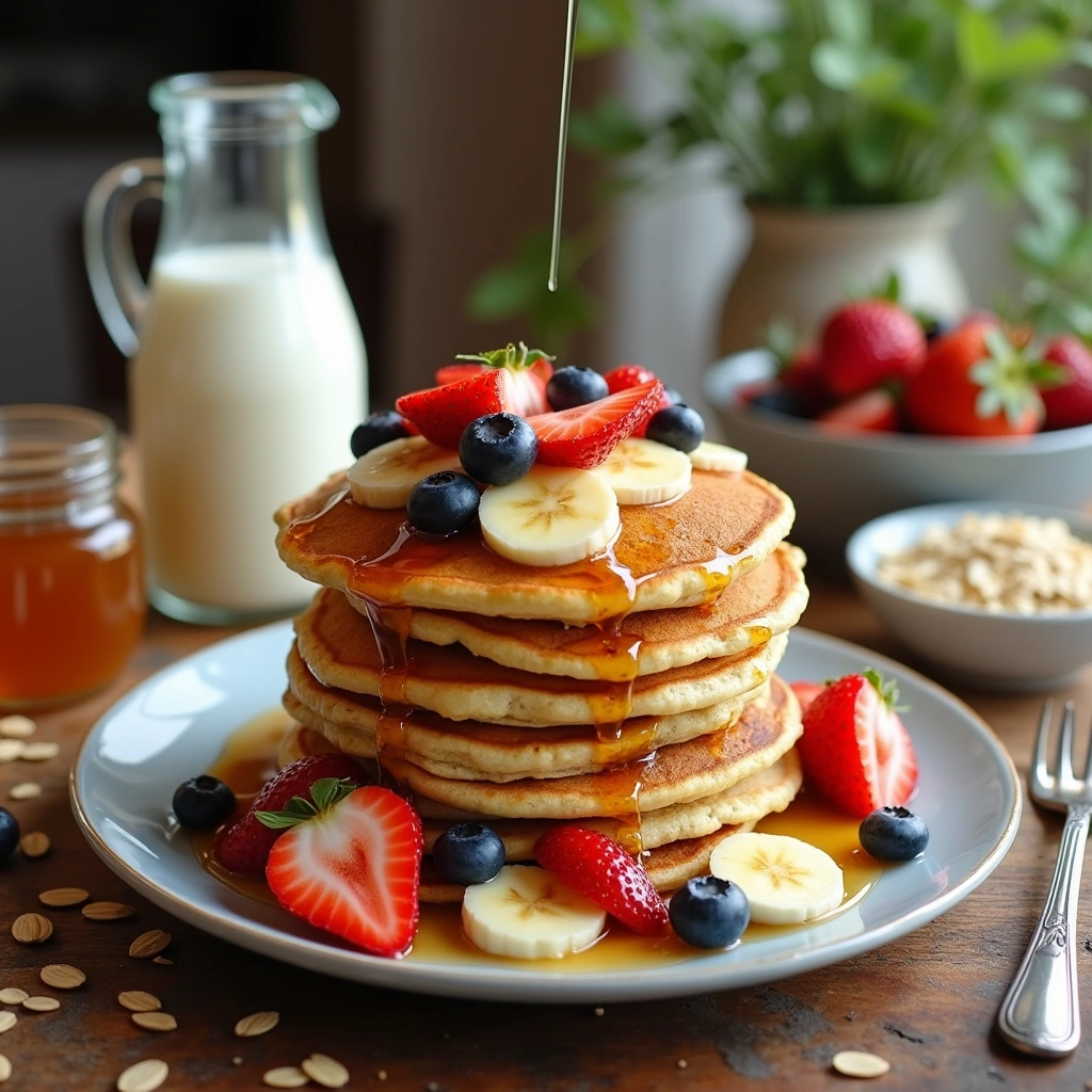 Tortitas saludables de avena y plátano con frutas frescas y miel para un desayuno nutritivo.