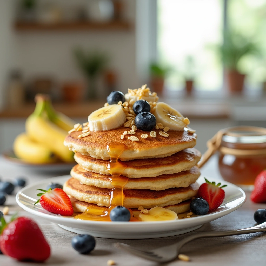 Tortitas de plátano y avena con frutas frescas y sirope, receta saludable para el desayuno.