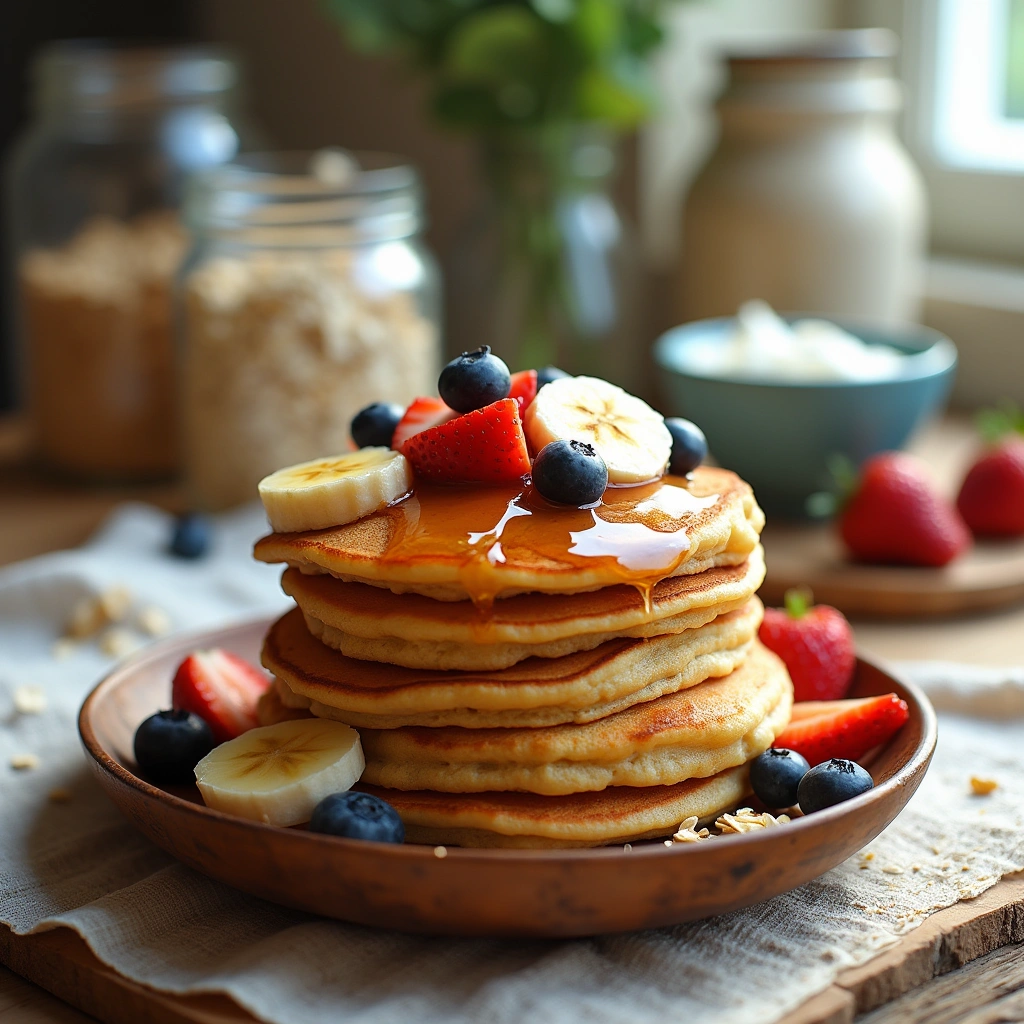 Tortitas proteicas caseras servidas con frutas frescas y miel en un plato de madera."