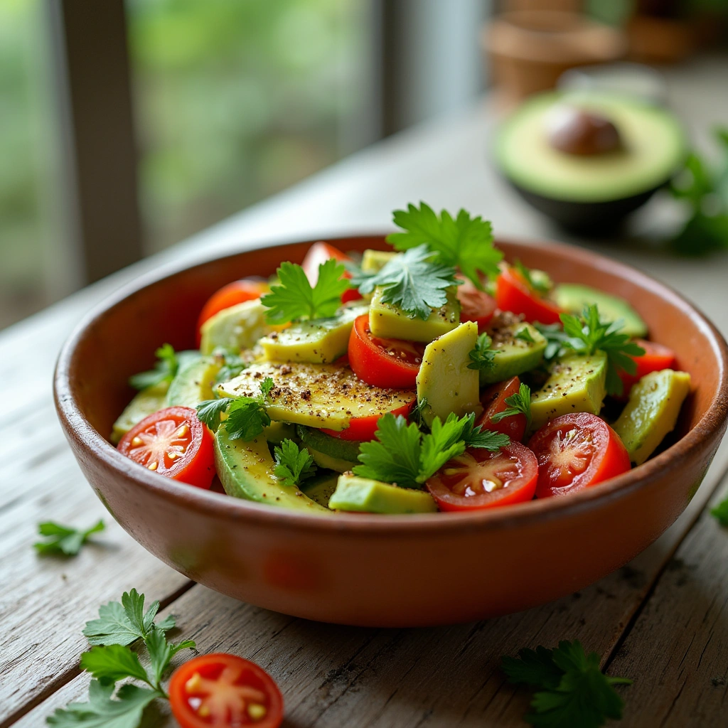 Ensalada fresca de tomate, aguacate y cilantro con un toque de aceite de oliva.