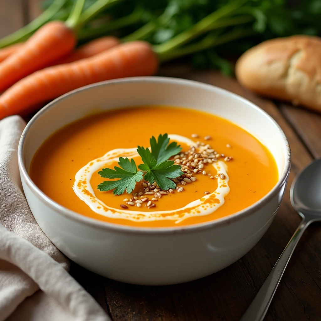Crema de zanahorias servida en un tazón blanco, decorada con perejil fresco y un toque de nata.