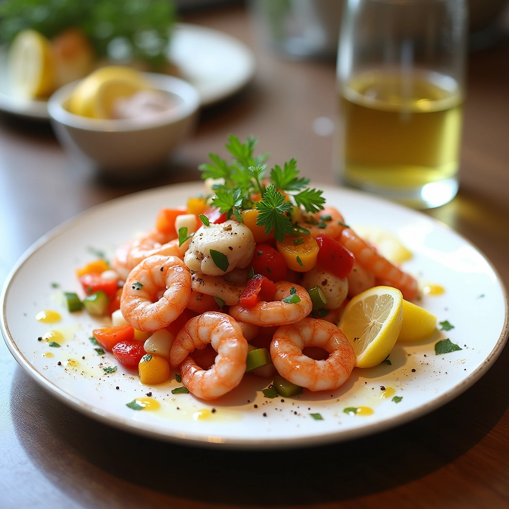Salpicón de pulpo y gambas con verduras frescas, aderezo de aceite de oliva y limón, servido en un plato elegante.