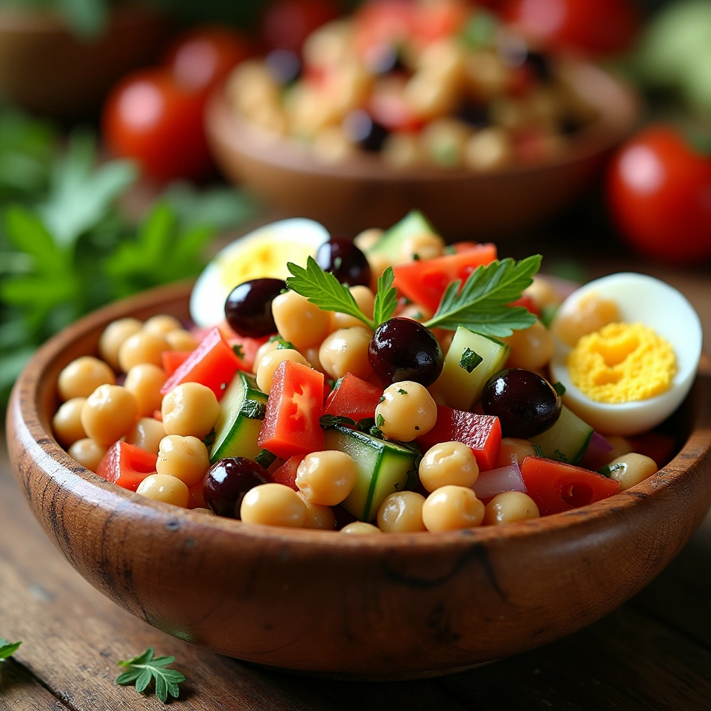 Ensalada de garbanzos española fresca con tomates, pimientos, cebolla, aceitunas y huevo duro.