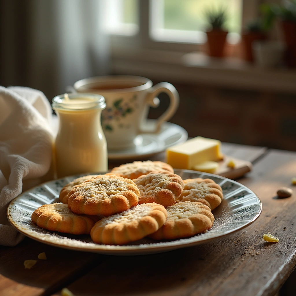 Plato de galletas de nata y mantequilla recién horneadas sobre una mesa rústica con ingredientes frescos al fondo.