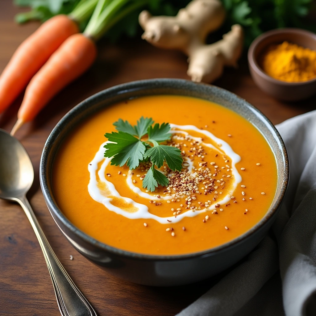 Tazón de crema de zanahoria y jengibre thermomix con leche de coco, cilantro fresco y semillas de sésamo, servido con ingredientes frescos alrededor.