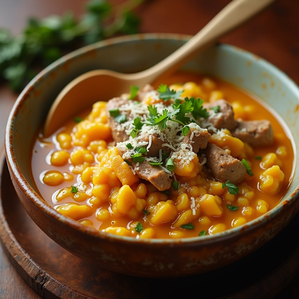 Risotto de calabaza con carne servido en un tazón rústico, decorado con hierbas frescas y queso parmesano.