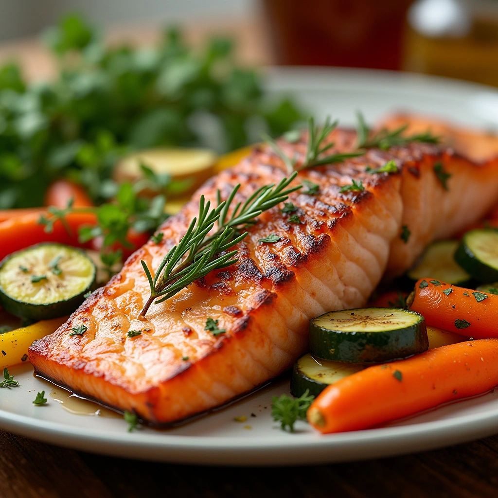 Salmón al horno con verduras asadas como zanahorias, calabacines, pimientos y cebollas, decorado con hierbas frescas.