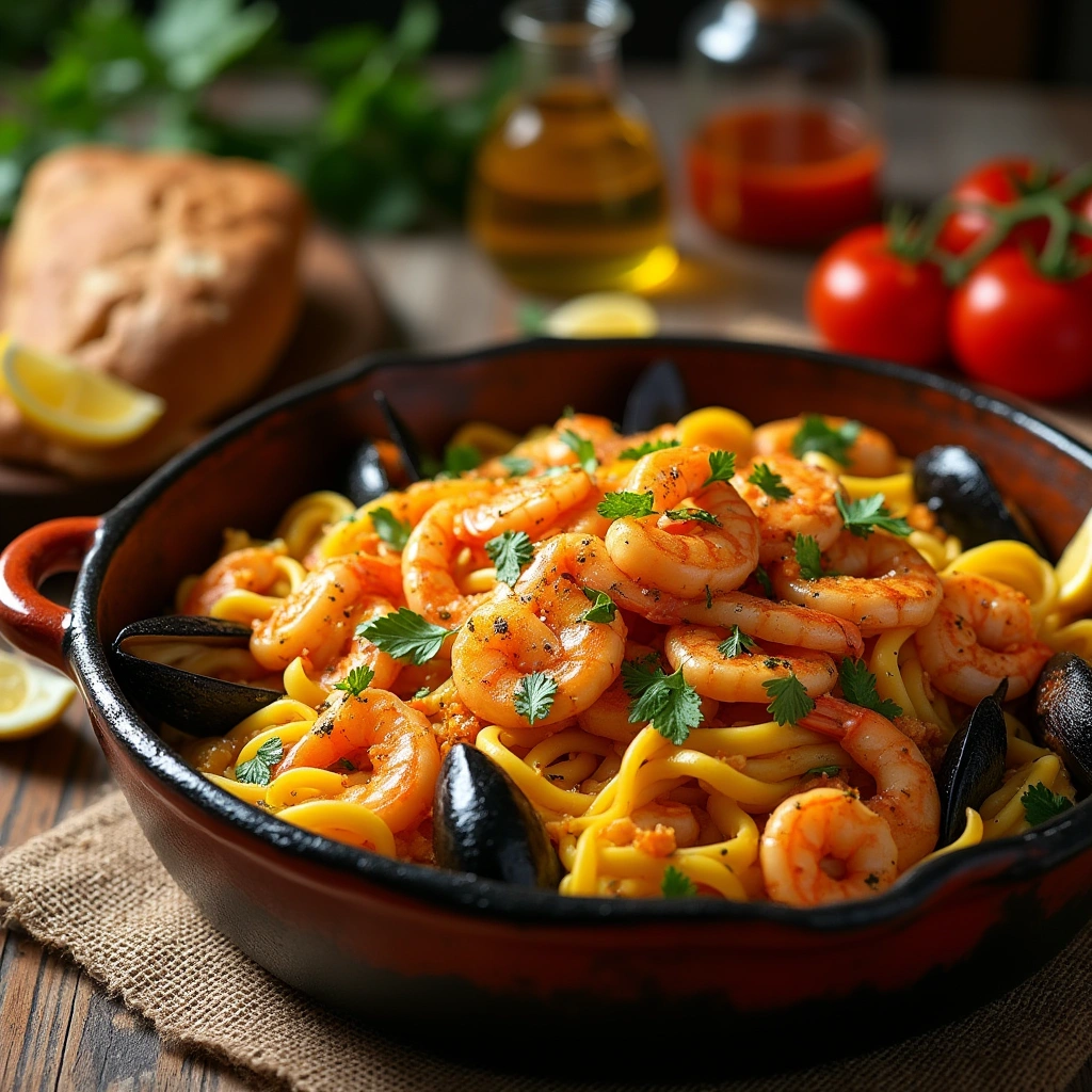 Plato de fideuà valenciana servido en una paellera con gambas, mejillones y calamares.
