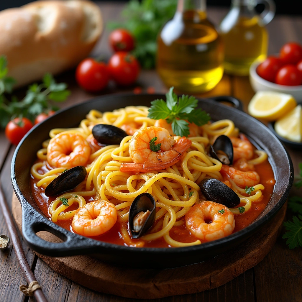 Fideuà Valenciana con mariscos, fideos gruesos, y limón, servida en una paellera tradicional.