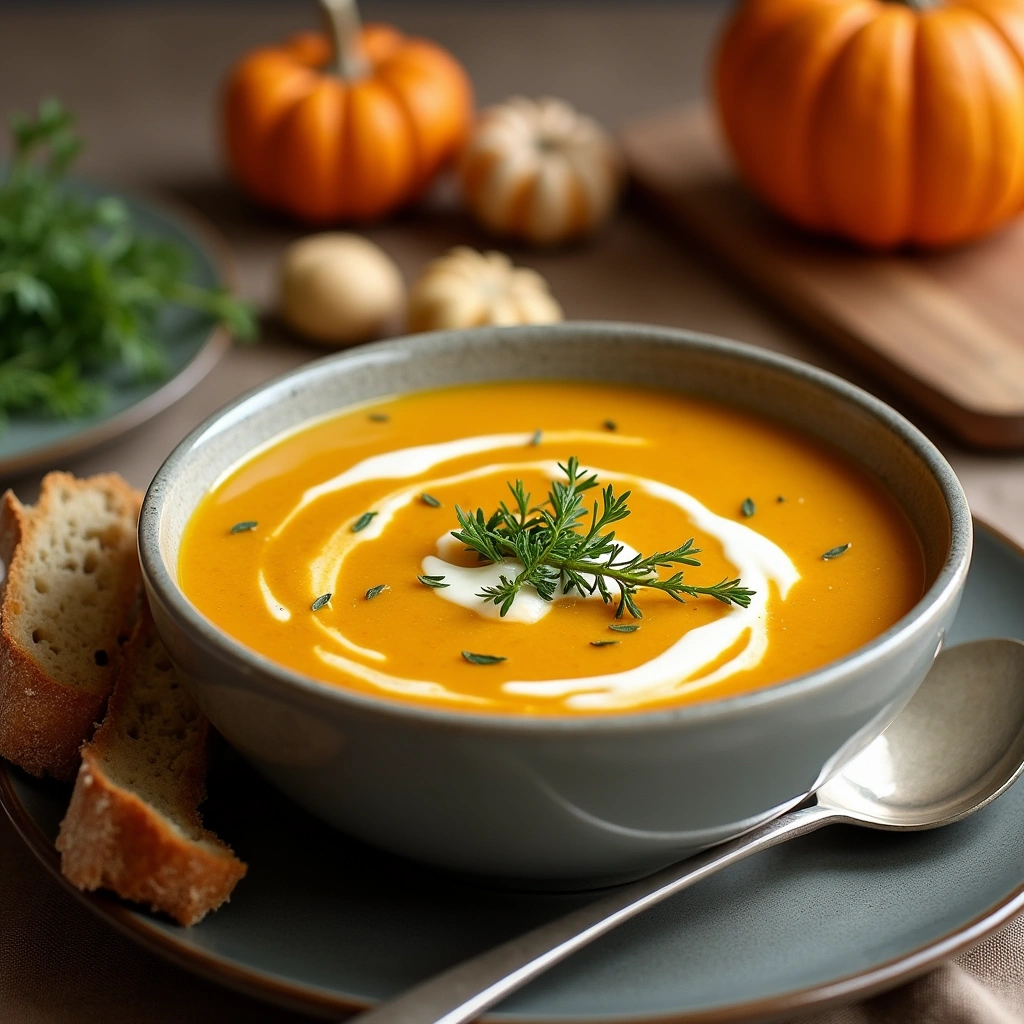Bowl de crema de calabaza y puerro con hierbas frescas y pan rústico al lado