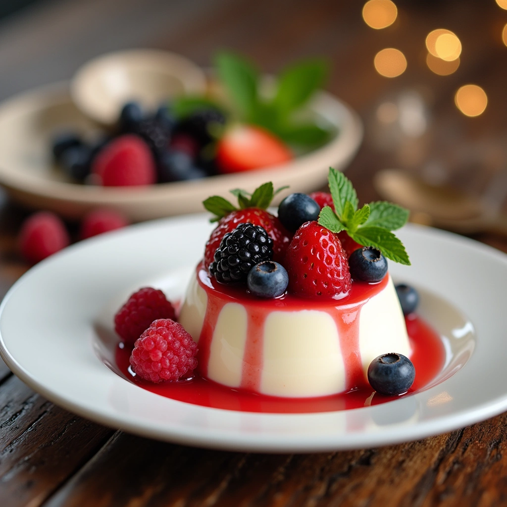 Panna cotta italiana con frutas frescas y coulis de frambuesa, presentada elegantemente.