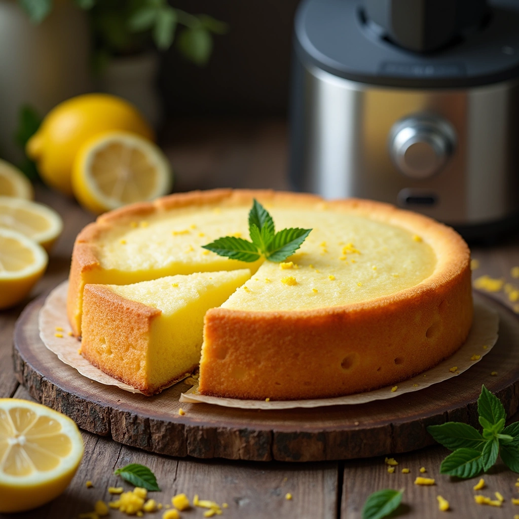 Bizcocho de limón Thermomix recién horneado, esponjoso y decorado con rodajas de limón y hojas de menta.