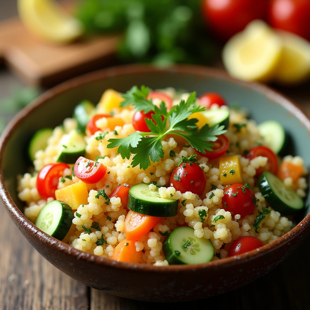 Ensalada de cuscús con vegetales frescos, acompañada de hierbas frescas y limón, en un bol rústico