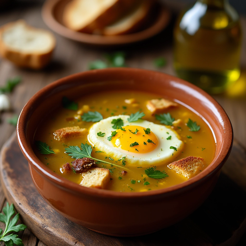 Sopa de ajo receta de la abuela con pan y huevo en un tazón rústico
