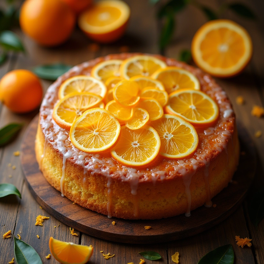 Bizcocho de naranja recién horneado decorado con rodajas de naranja y glaseado.