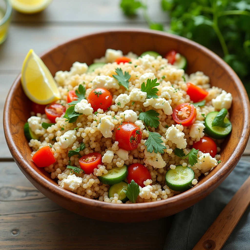 Ensalada de cuscús con queso feta, vegetales frescos como pepino, tomate y pimientos, servida en un bol rústico con limón y hierbas frescas.