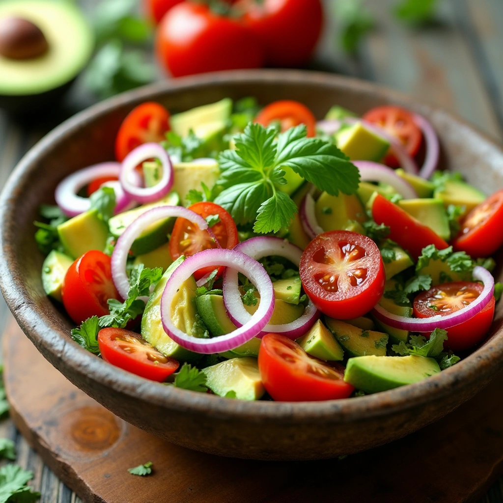 Ensalada fresca de aguacate, tomate y cebolla en un tazón rústico con aderezo de limón y aceite de oliva.