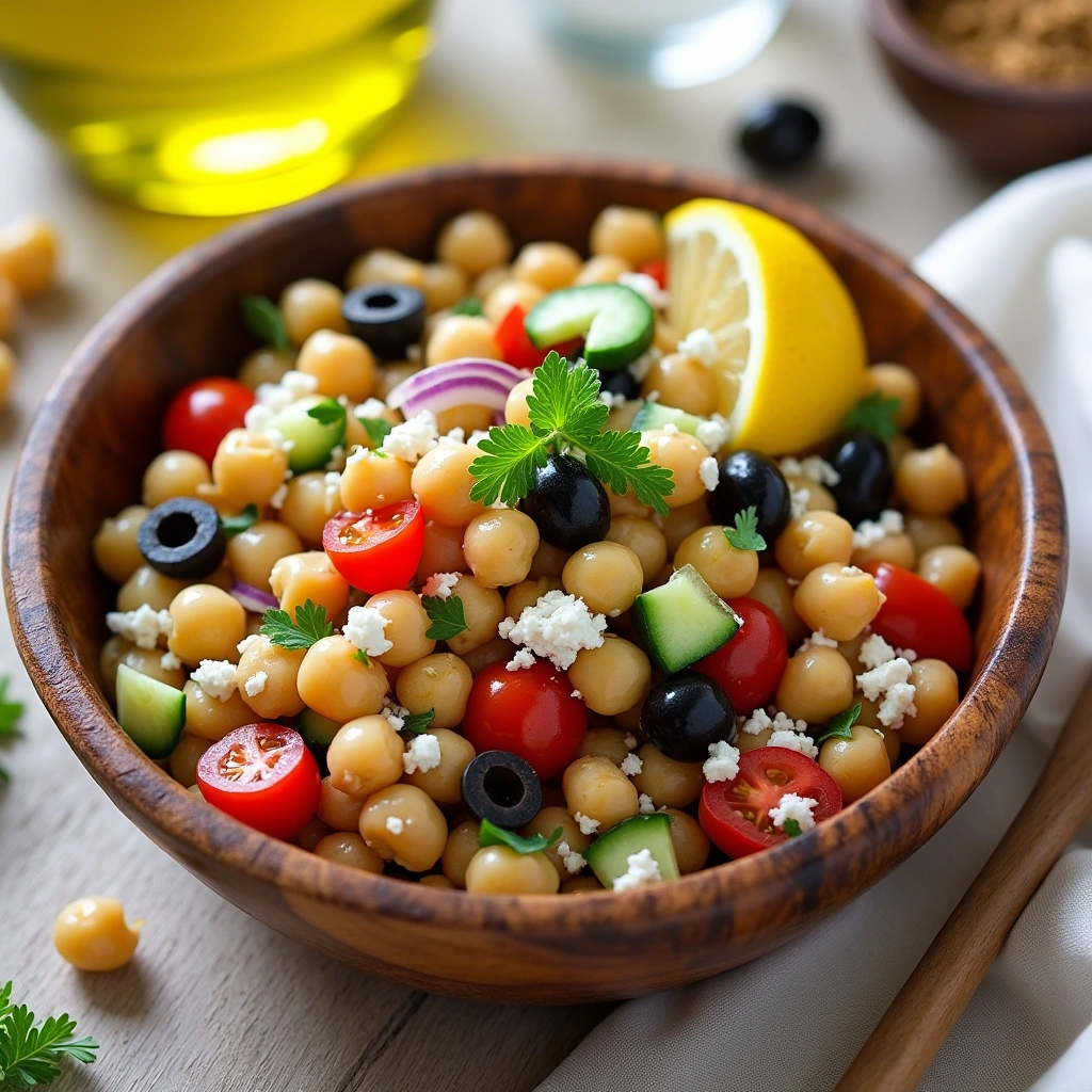 Ensalada de garbanzos mediterránea con tomates cherry, pepino, cebolla roja, aceitunas negras y queso feta, servida en un tazón rústico.