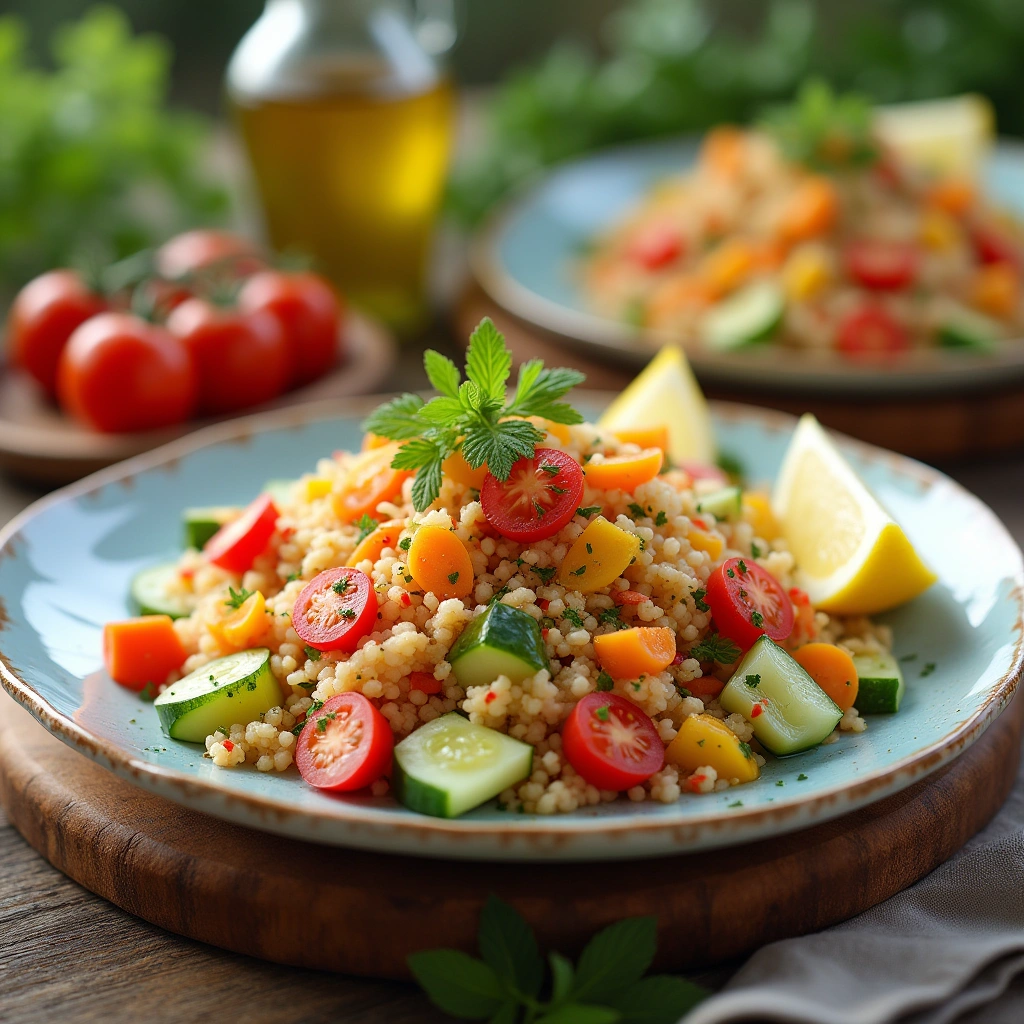 Ensalada fresca de cuscús con vegetales y hierbas frescas.