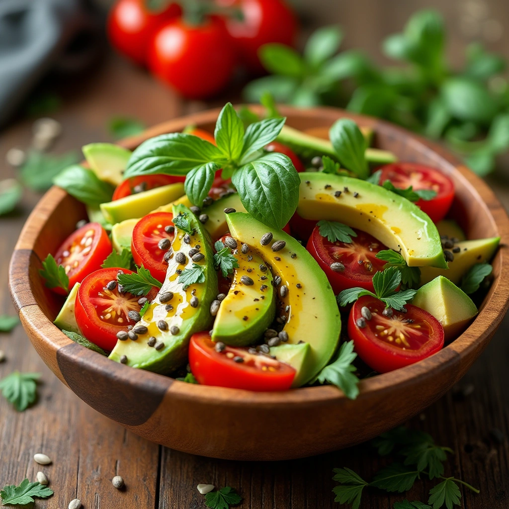 Ensalada de tomate y aguacate fresca y saludable con hierbas frescas, aceite de oliva y vinagre balsámico.