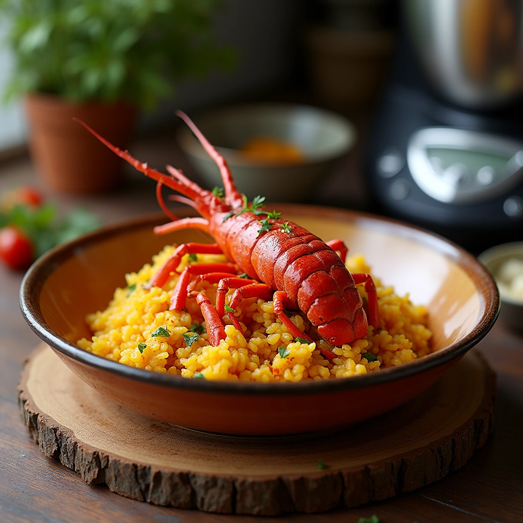Plato de arroz con bogavante preparado con Thermomix, servido en un bol de cerámica tradicional.