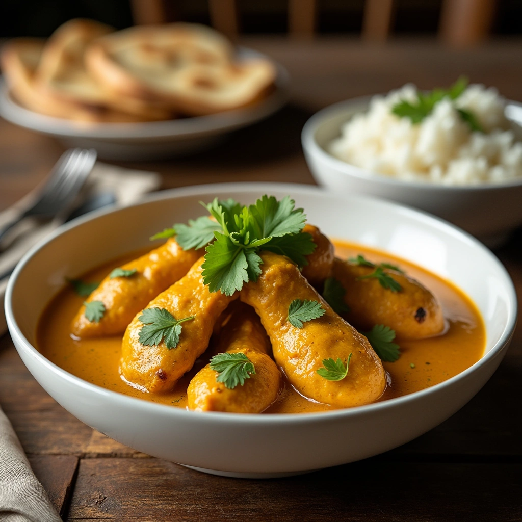 Un plato de pollo al curry con nata servido en un bol blanco, acompañado de arroz blanco y pan naan, decorado con hojas de cilantro fresco.