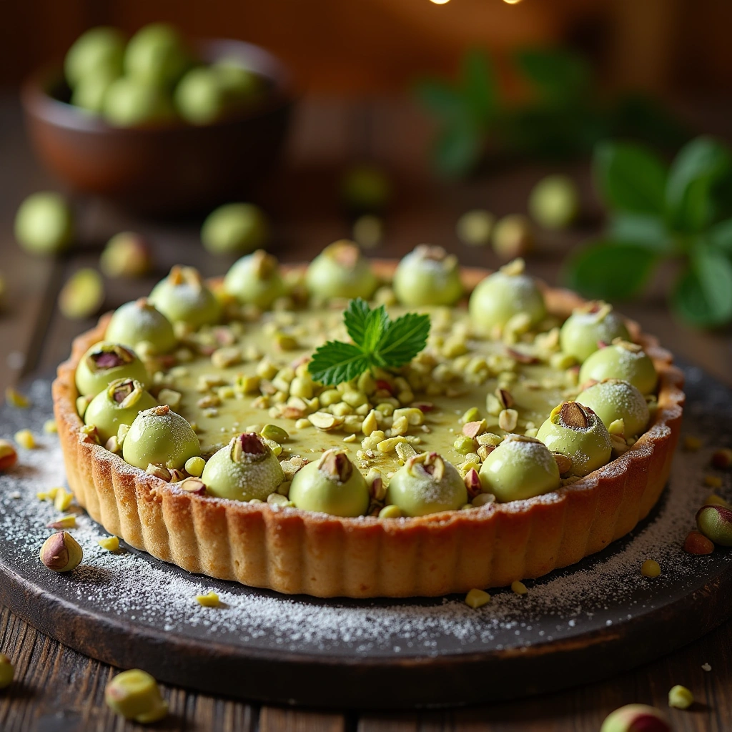Tarta de pistacho casera con base dorada, relleno cremoso y decorada con pistachos y azúcar glas.