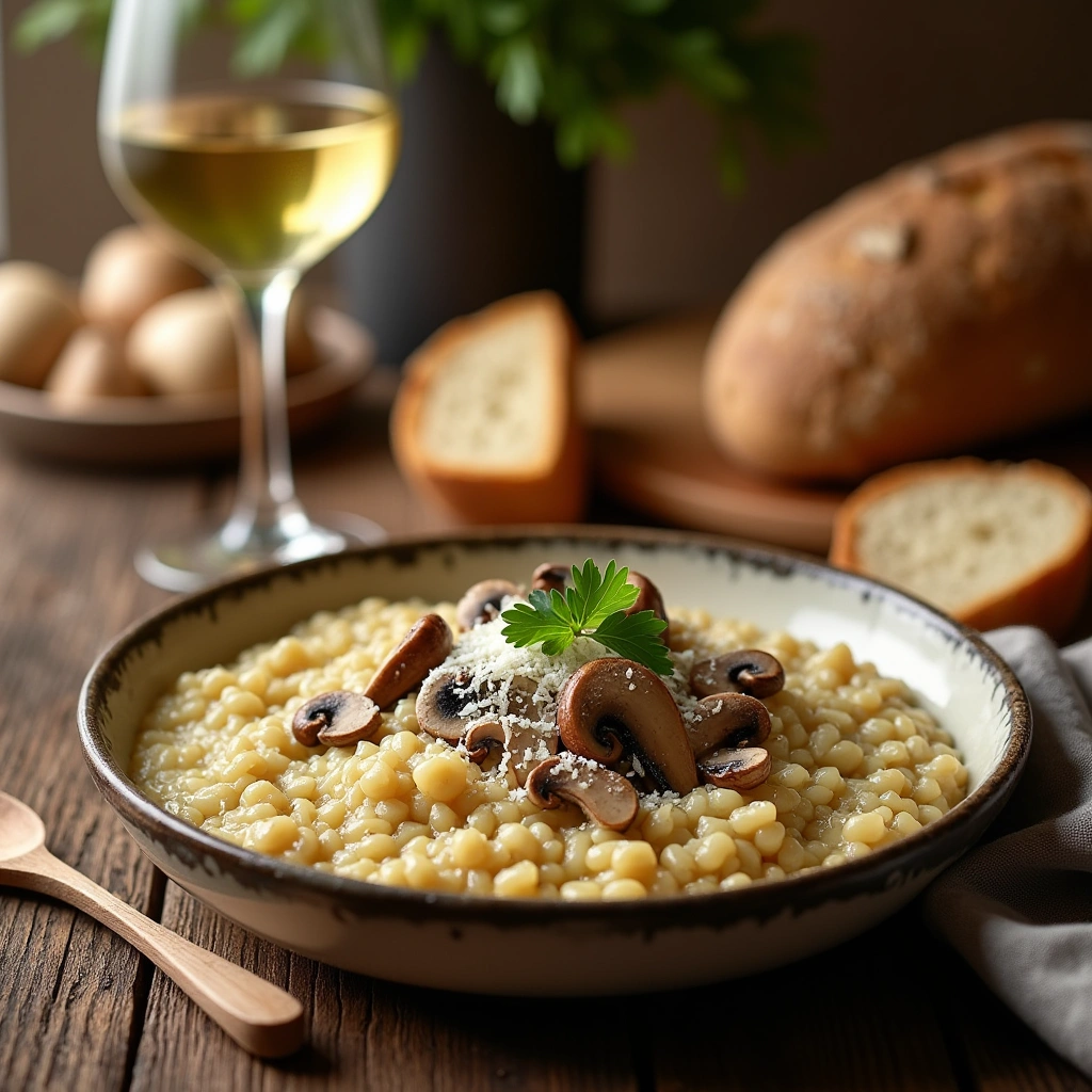 Risotto de Hongos tradicional italiano con setas frescas y queso parmesano
