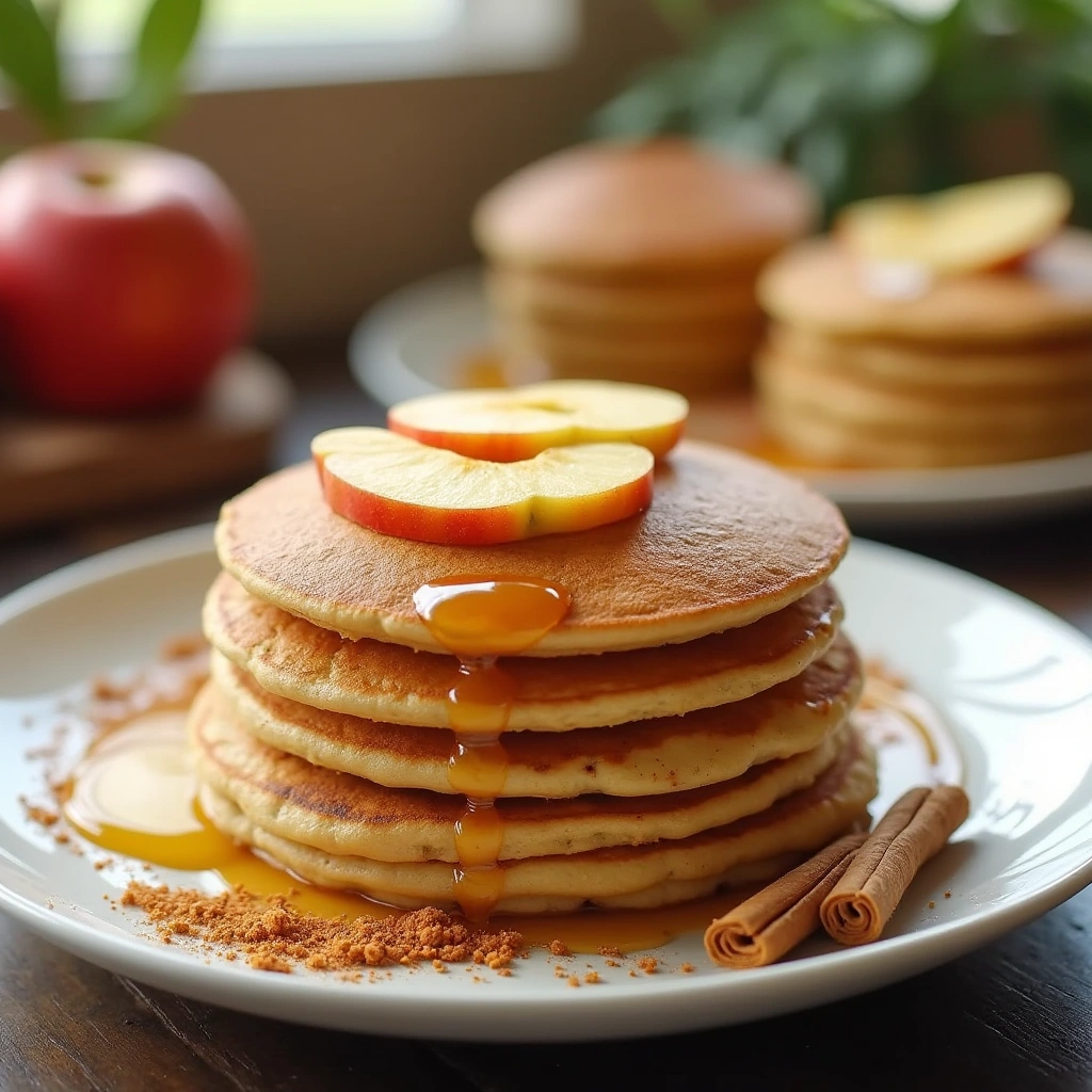 Tortitas de avena y manzana servidas con rodajas de manzana, canela y miel en un plato blanco, con fondo de cocina acogedora.