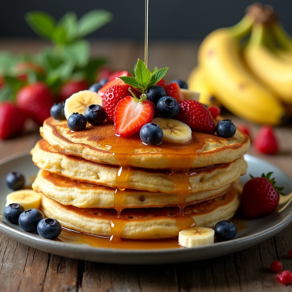 Tortitas de plátano sin harina servidas con frutas frescas y un toque de miel