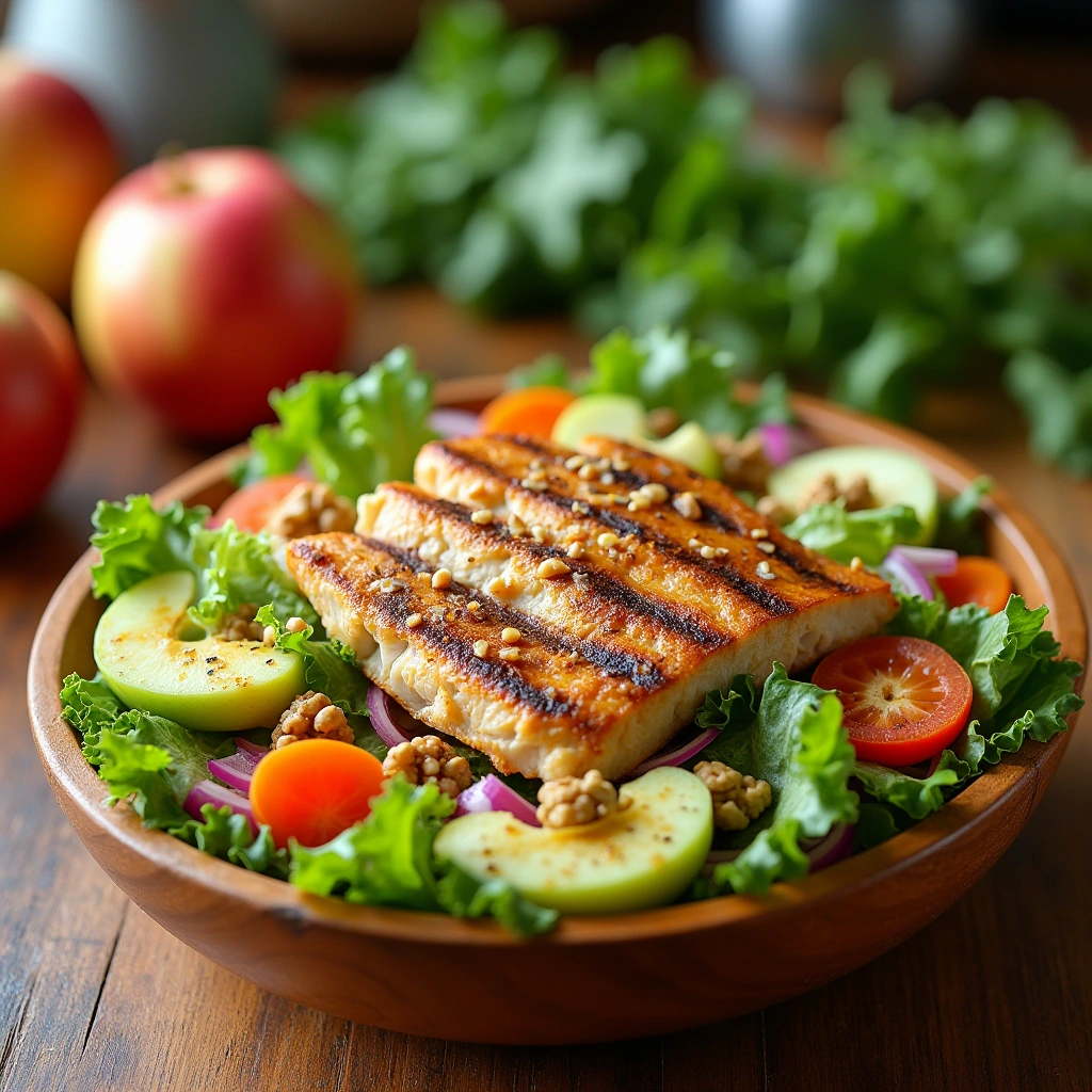 Ensalada de pollo con manzana fresca, acompañada de zanahorias, apio y aderezo ligero en un bol de madera.