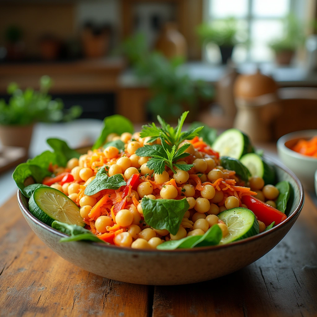 Ensalada de garbanzos con verduras frescas como espinacas, zanahorias, pepinos, y aderezo de aceite de oliva y limón.