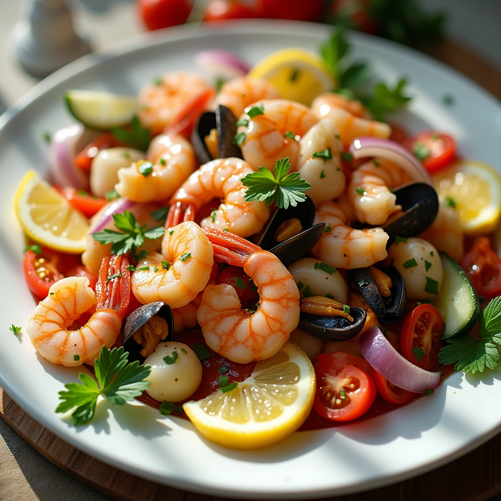 Plato colorido de salpicón de mariscos con camarones, calamares, cebolla y pimientos frescos.