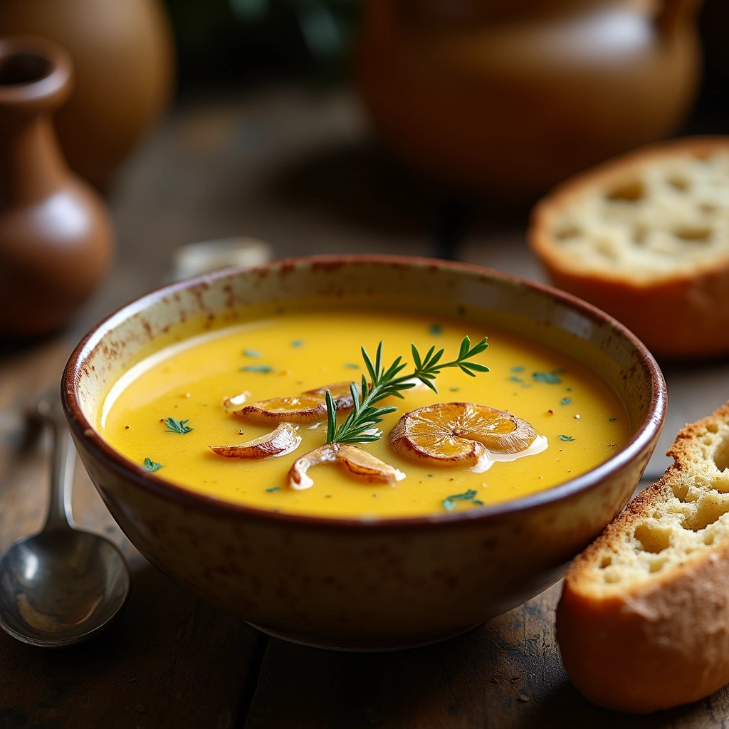 Sopa de Ajo Sin Pan tradicional en un tazón rústico con ajo dorado y hierbas frescas