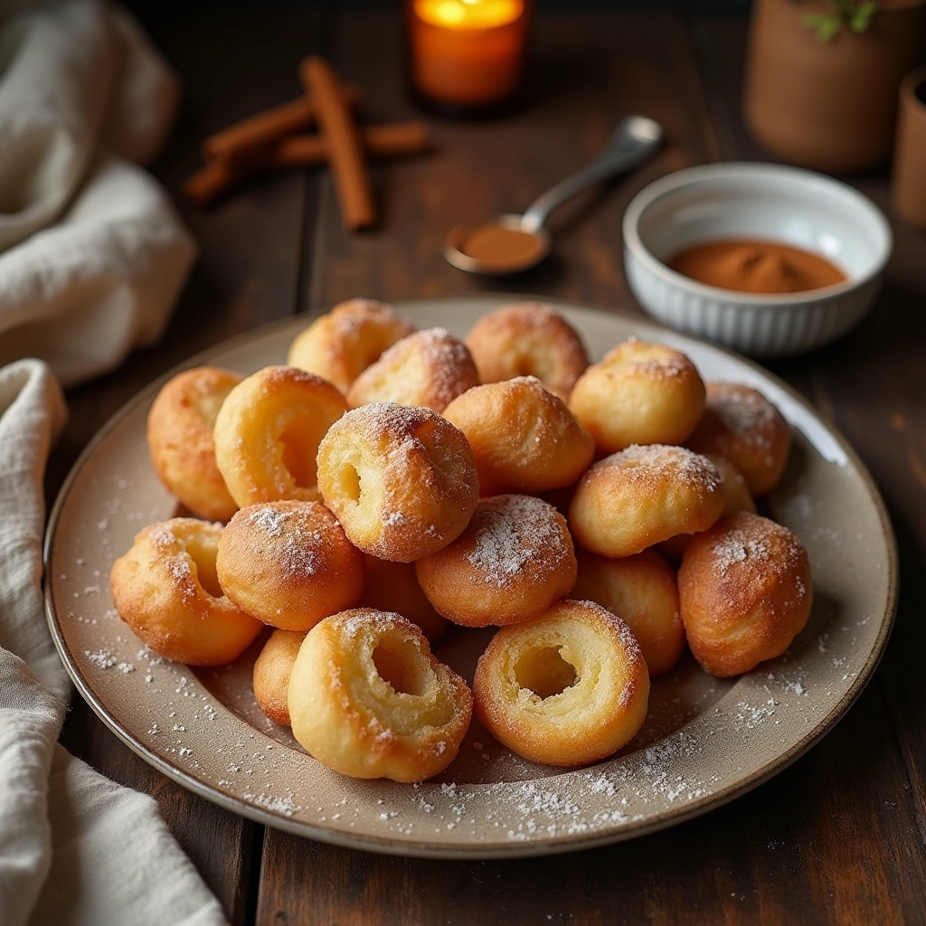 Buñuelos de Viento Dulces recién hechos, dorados y espolvoreados con azúcar, perfectos para disfrutar en cualquier ocasión.