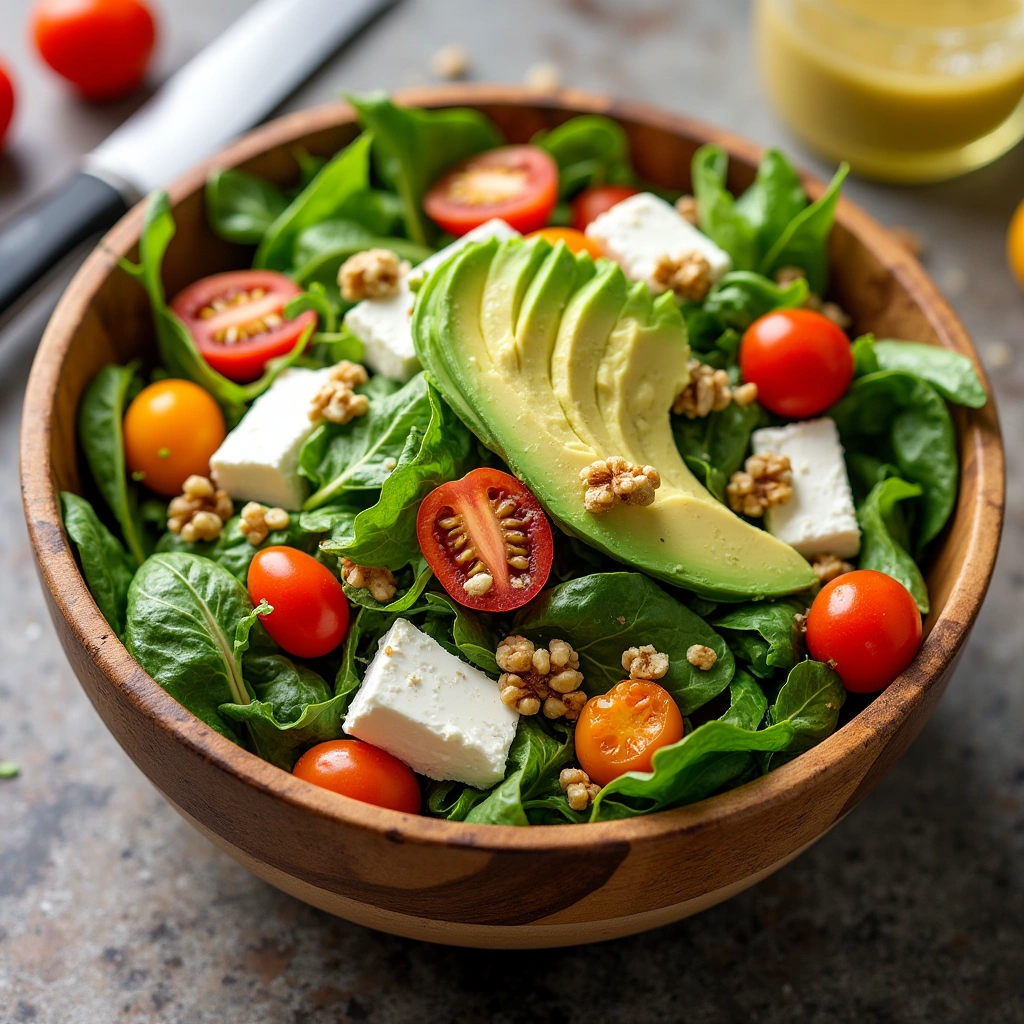 Ensalada fresca con queso de cabra, aguacate, tomates cherry y nueces, acompañada de aderezo ligero