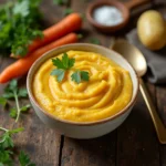 Purée de calabacín, zanahoria y patata servido en un tazón con hierbas frescas