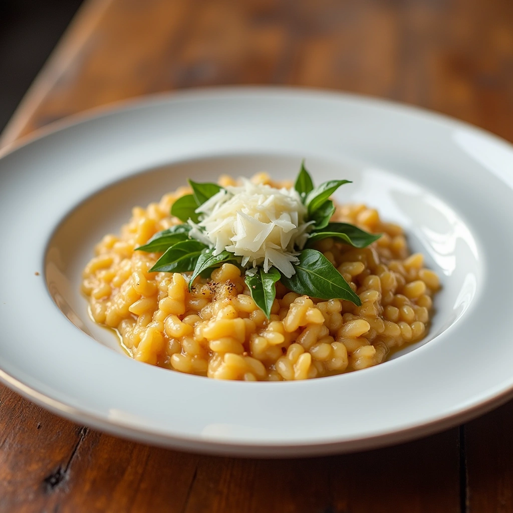 Plato de risotto con setas cremoso, decorado con perejil fresco y queso parmesano rallado.