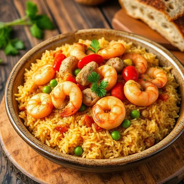 Plato de arroz con gambas y pollo acompañado de verduras y hierbas frescas, servido al estilo casero.