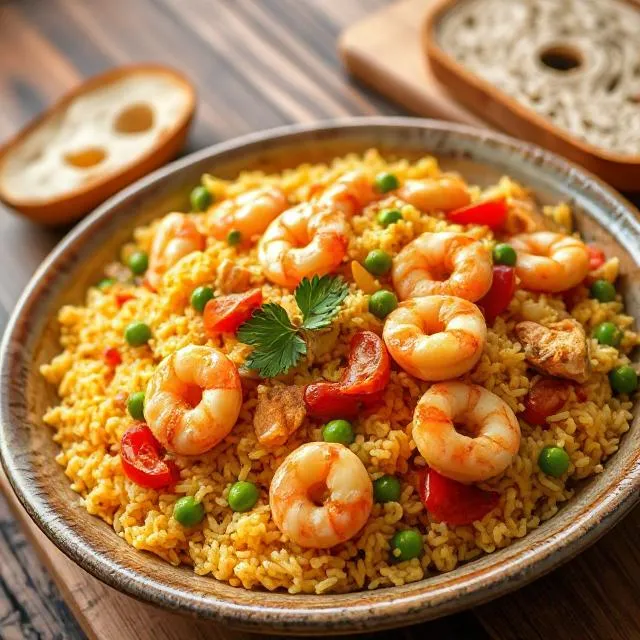 Plato tradicional de arroz con gambas y pollo servido con verduras frescas.