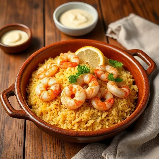 Arroz con gambas servido en un plato rústico, con arroz dorado y gambas frescas, decorado con perejil y una rodaja de limón.