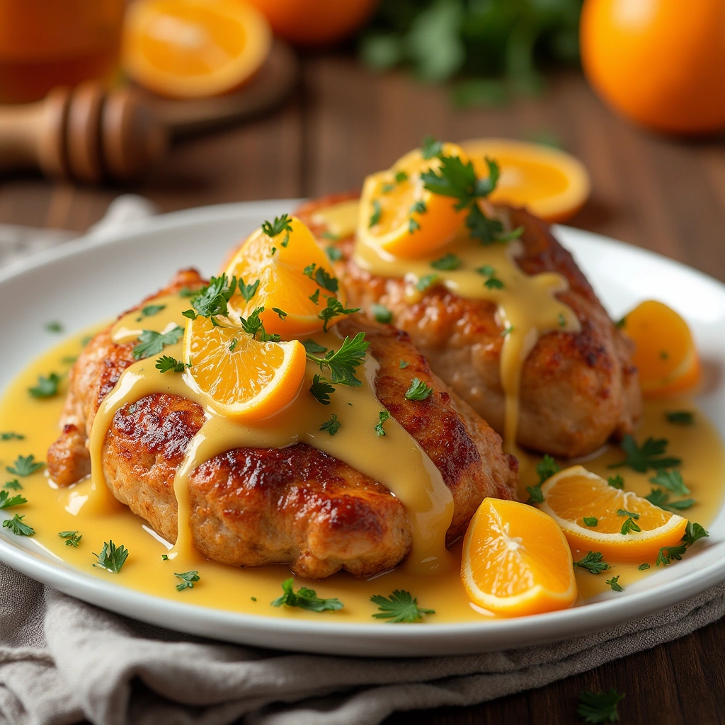 Pechuga de pollo a la naranja con salsa brillante y rodajas de naranja fresca.
