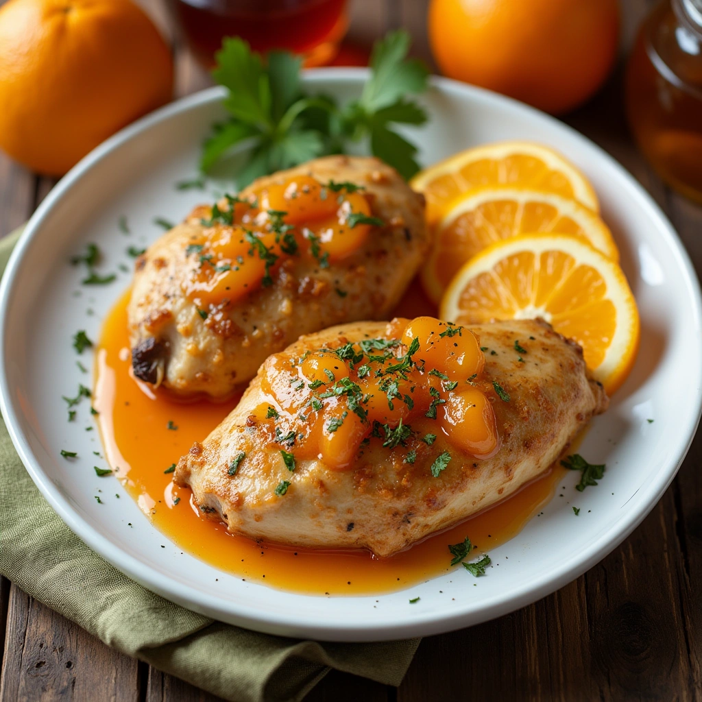 Pechuga de pollo a la naranja con salsa de naranja brillante y decoración de rodajas de naranja.