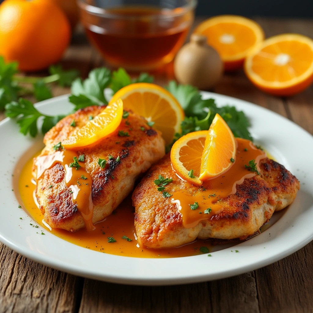 Pechuga de pollo a la naranja con salsa de naranja brillante y rodajas de naranja fresca.