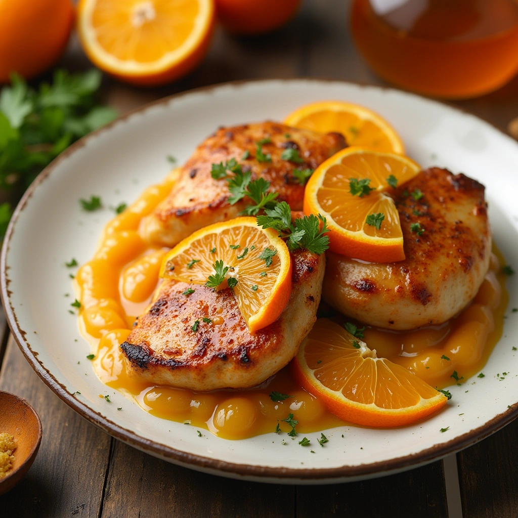 Pechuga de pollo a la naranja con salsa brillante y rodajas de naranja fresca.