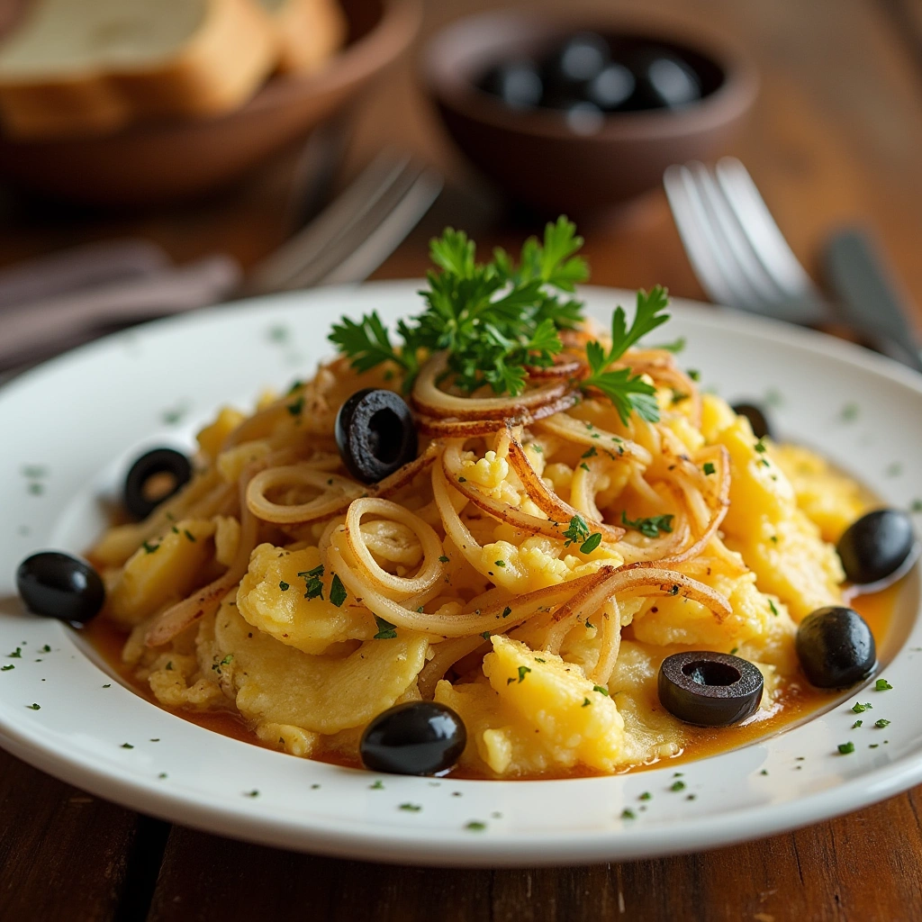 Plato de Bacalao Dorado con bacalao desmenuzado, patatas crujientes y huevos revueltos, decorado con perejil y aceitunas negras.