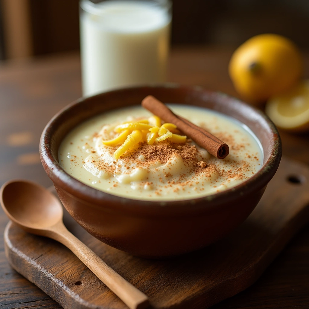 Tazón de arroz con leche cremoso espolvoreado con canela y decorado con una ramita de canela sobre una mesa de madera.