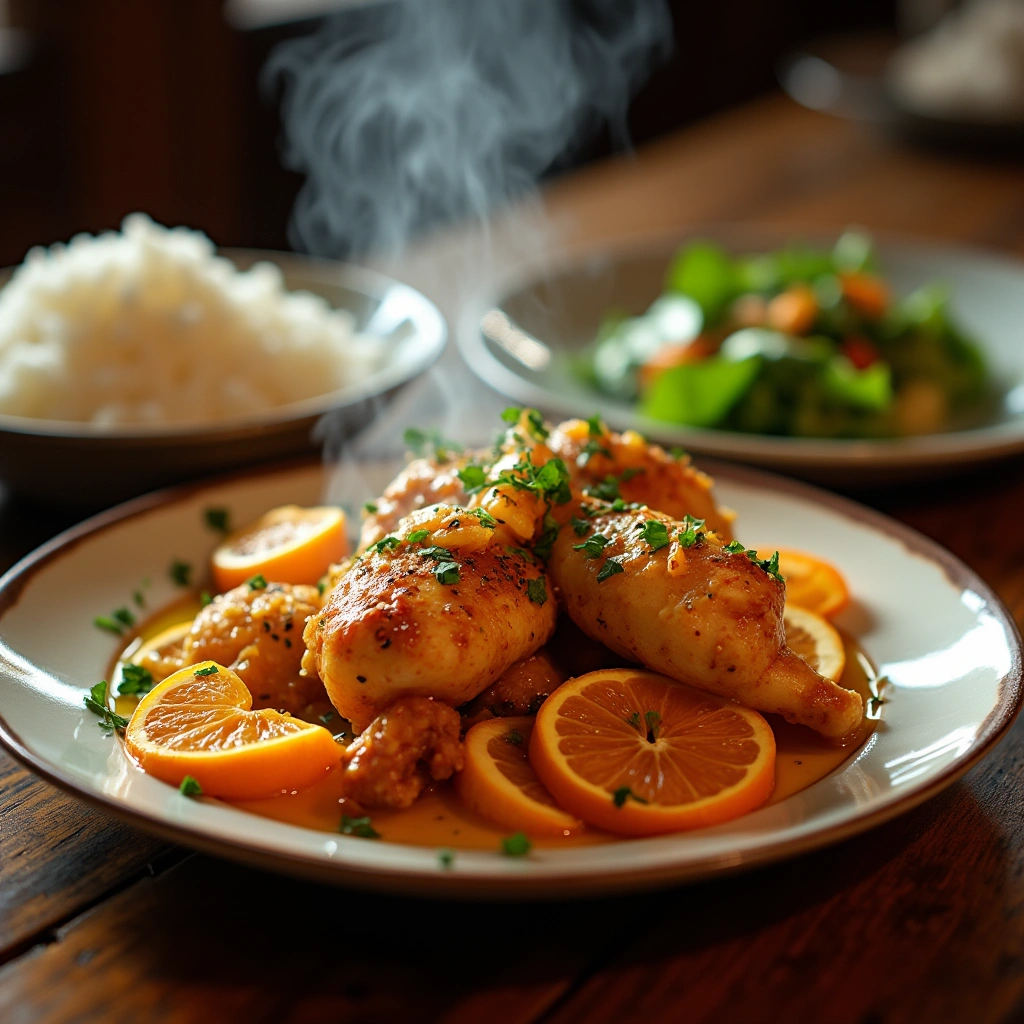 Plato de pollo a la naranja de la abuela, bañado en una salsa dorada con rodajas de naranja y acompañado de arroz.